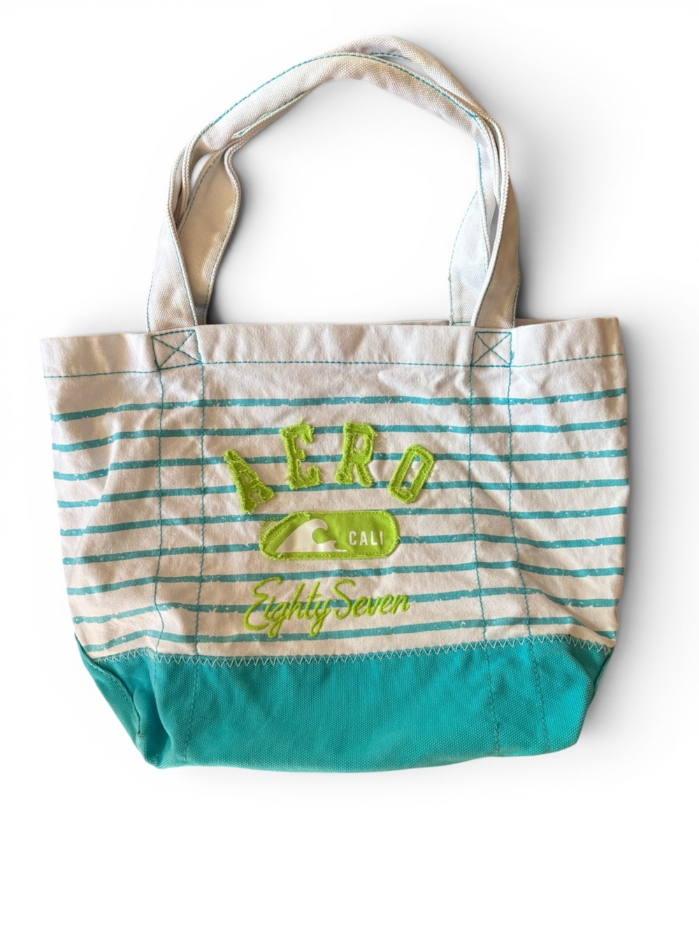 AERO Y2K Canvas Beach Tote Bag Vintage Cali 87 Nautical Stripe Embroidered